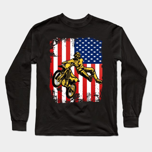 Motocross Dirt Bike American Flag Vintage 4th Of July Enduro Offroad Motocycle Lovers Long Sleeve T-Shirt by andreperez87